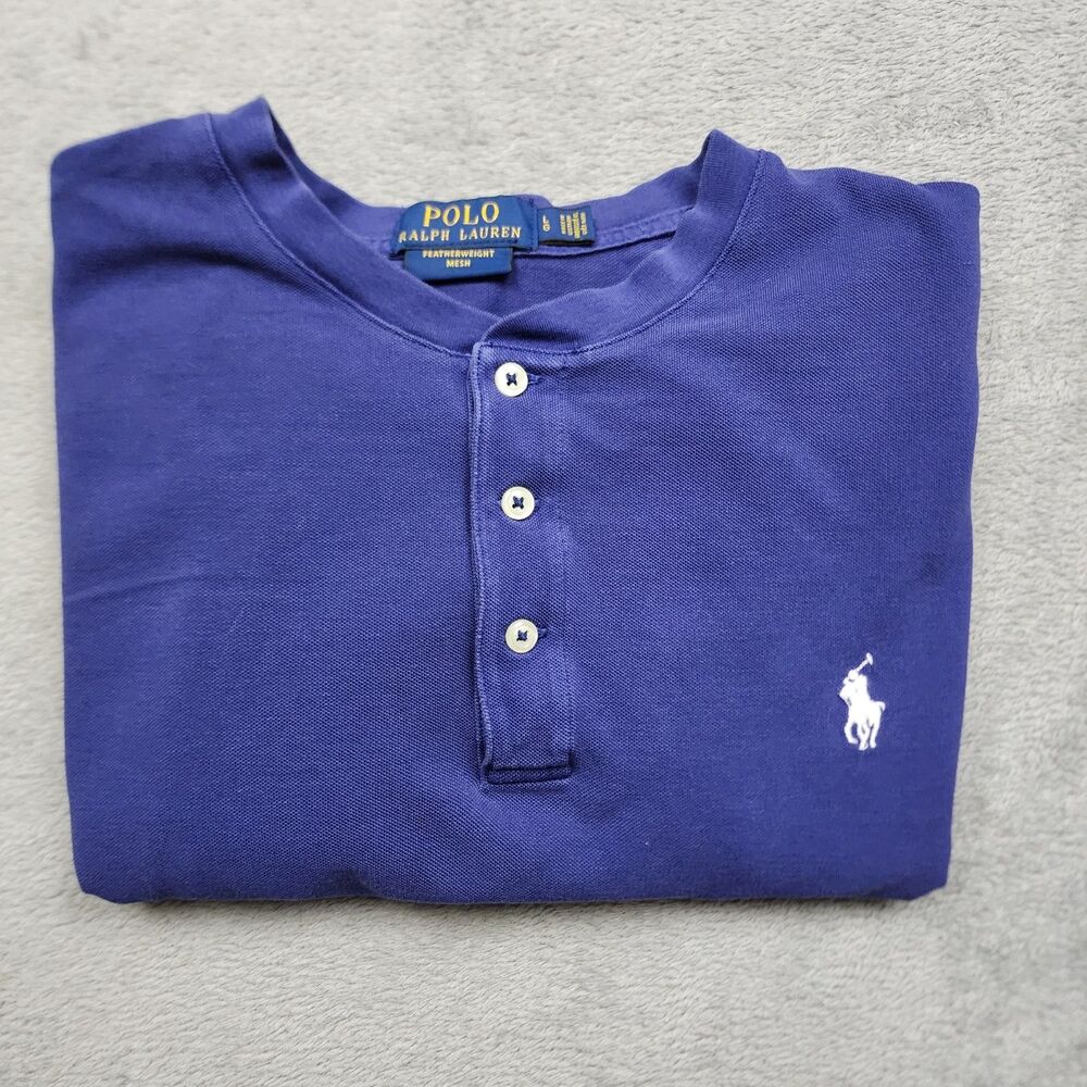 Polo Ralph Lauren Featherweight Mesh Henley Mens L Blue Cotton Pony Short Sleeve
